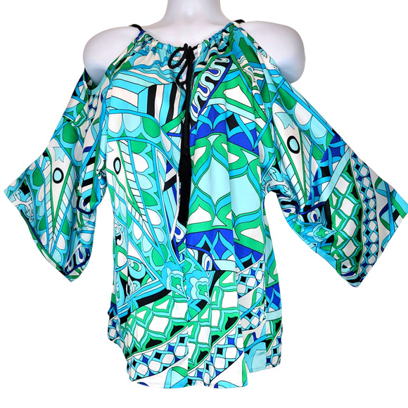 Chico's Tops - Chico's Size 2 Tasselled Cold Shoulder Blue Geo print top US size 12 Large #340